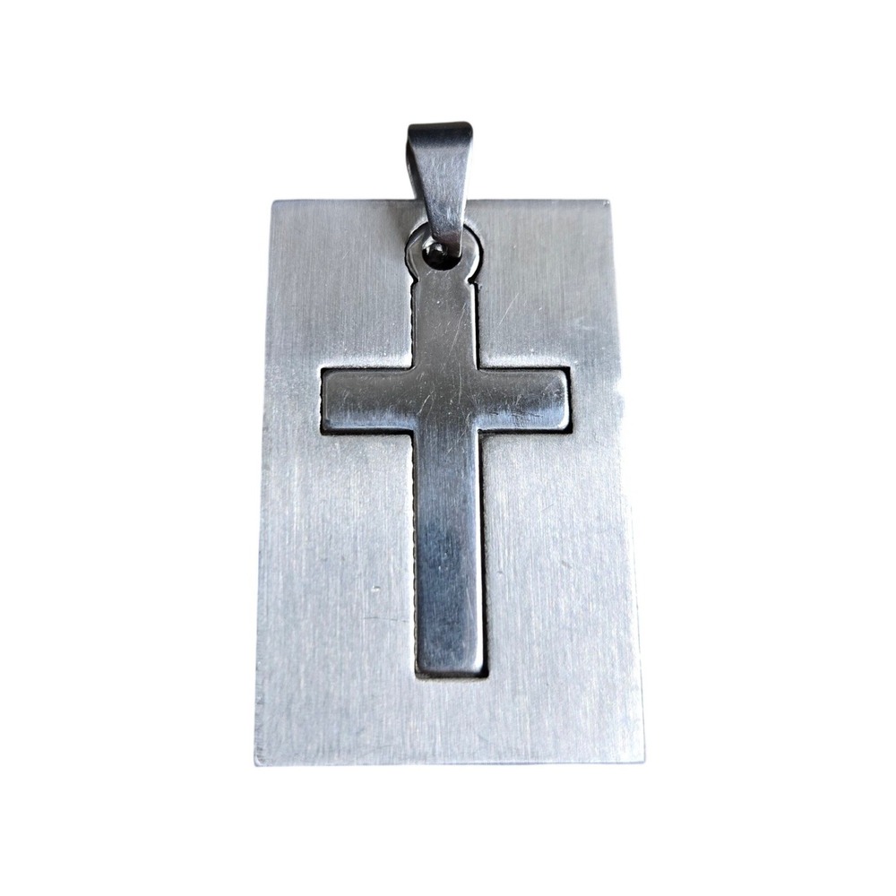 Stainless Steel Cutout Cross Pendant Dog Tag Two Piece Religious Jewelry